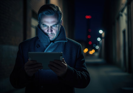 Mature man wearing a dark coat stands in a shadowy city alley at night, intensely focused on the bright, glowing screen of a digital tablet. this scene suggests mystery, surveillance, technology, espionage, or investigation.の素材