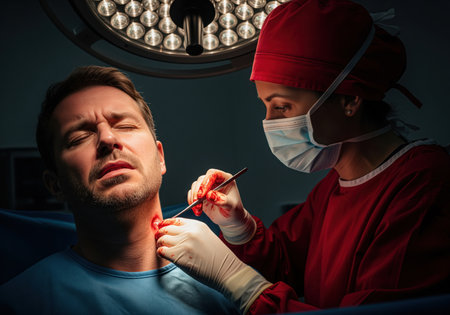 Female surgeon in red scrubs and mask performing a delicate procedure on the neck of a distressed male patient under intense operating room lighting. focus on surgery, pain, and medical intervention.の素材