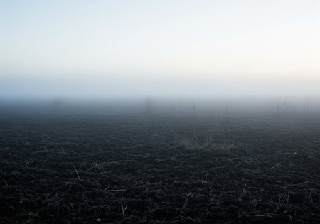 Dark, freshly plowed agricultural field stretching toward a horizon obscured by dense, heavy morning fog and mist. the cold, mysterious atmosphere suggests early winter or late autumn.の素材