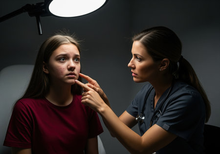 Dermatologist examining the face of an anxious teenage girl suffering from severe acne and blemishes in a dark clinic setting. focus on diagnosis, skin health, and treatment.の素材