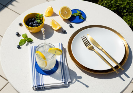 Minimalist outdoor flat lay featuring a summer brunch setting on a white table. glass of lemonade, fresh blueberries, lemon slices, mint, and elegant place setting with gold cutlery.の素材