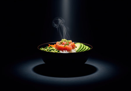 Steaming poke bowl with fresh raw salmon, sliced avocado, and vegetables over rice, presented in a dark, moody studio setting. focus on healthy, gourmet food.の素材