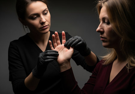 Professional medical specialist wearing black gloves examines a woman hand, inspecting small red spots or injection sites during a dermatological consultation.の素材