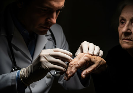 Male doctor in white gloves examines the wrinkled hand of a senior woman under dramatic, focused lighting. medical consultation, diagnosis, and geriatric care concept.の素材