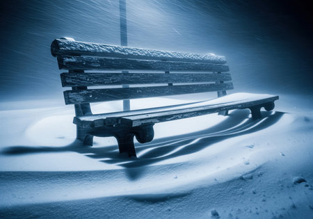 Empty wooden park bench covered in deep snow during a severe winter blizzard. dramatic blue light illuminates the heavy snowfall and the textured snow drifts.の素材