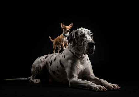 Great dane dog, black and white spotted, lying down while a small tan chihuahua stands confidently on its back. dramatic high contrast studio portrait on a black background, symbolizing size contrast and companionship.の素材