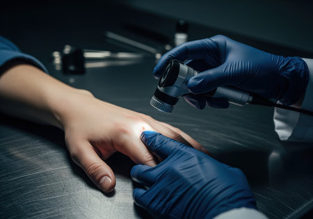 Doctor wearing blue protective gloves examining a patient hand injury using a specialized medical dermatoscope under focused light on a metallic table. forensic medicine concept.の素材