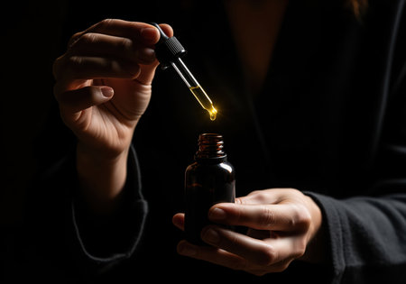 Hands holding an amber glass bottle and a dropper, dispensing a glowing golden essential oil drop against a dramatic dark background. focus on beauty, wellness, and natural skincare.の素材