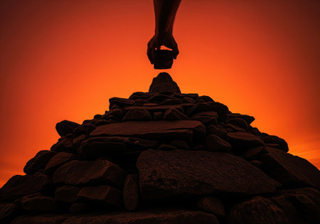 Massive stone cairn silhouetted against a dramatic orange sunset sky. a hand places the final rock, symbolizing completion, effort, challenge, and success in construction or journey.の素材