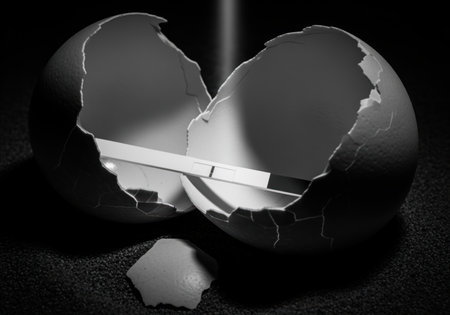 Negative pregnancy test strip displaying a single line resting inside a broken eggshell, captured in dramatic, low key black and white. symbolizing infertility, disappointment, and the challenges of conception and family planning.の素材