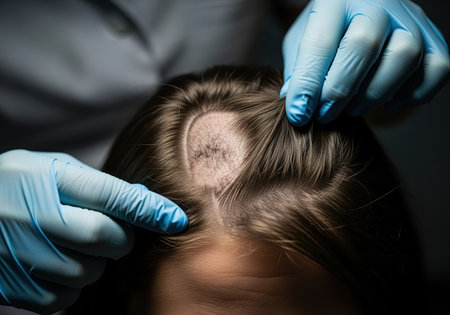 Medical professional wearing blue gloves examines a patient scalp, revealing a circular patch of severe hair loss, symbolizing alopecia diagnosis and treatment.の素材