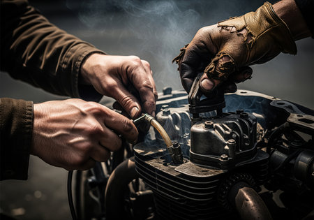 Dirty hands of two mechanics working together on a hot, smoking motorcycle engine block, performing maintenance or repair in a dark, industrial setting.の素材