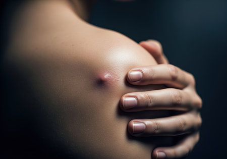 Severe inflamed skin lesion, likely a cyst, boil, or abscess, visible on the shoulder. a hand rests on the painful area, symbolizing discomfort and dermatological issues.の素材