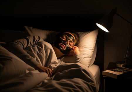 Woman wearing a black sheet face mask relaxing in bed at night, illuminated by the warm glow of a bedside lamp. focus on self care, beauty routine, and relaxation in a dark, intimate bedroom setting.の素材