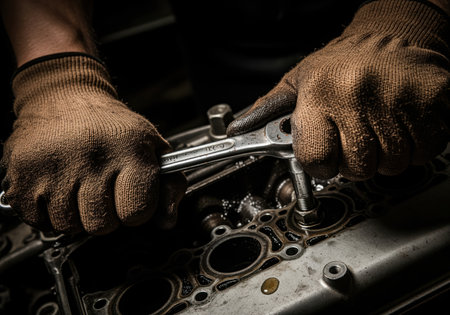 Mechanic hands wearing protective gloves using a wrench to tighten or loosen a bolt on a disassembled vehicle engine block. detailed close up shot emphasizing automotive repair and maintenance in a dark, industrial environment.の素材