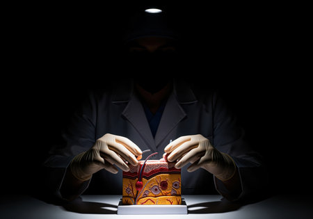 Doctor in a lab coat and gloves examining a detailed cross section of a human skin anatomy model. dramatic low key lighting highlights the structure, emphasizing dermatology, research, and diagnosis.の素材