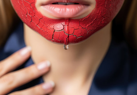 Cracked red clay mask applied to a woman chin and lower face, symbolizing extreme dryness and the urgent need for hydration. a drop of clear liquid drips down, representing moisturizing treatment.の素材