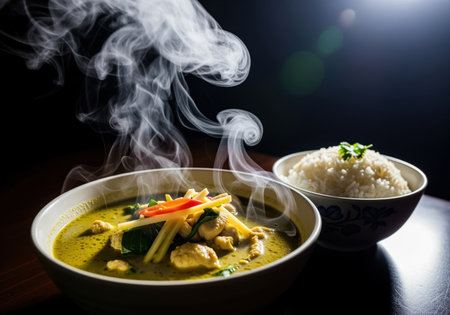 Hot thai green curry chicken served in a white bowl, featuring bamboo shoots and chili, accompanied by a side of steamed jasmine rice. dramatic steam rises against a dark background, emphasizing freshness and flavor.の素材