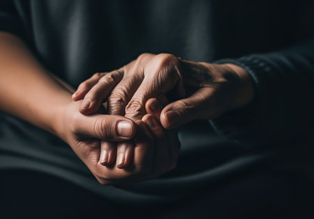 Wrinkled elderly hand gently rests on a younger, smoother hand, symbolizing care, support, and intergenerational connection. dramatic chiaroscuro lighting emphasizes the emotional bond and contrast between youth and age.の素材