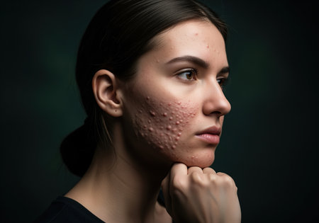 Young woman in profile with severe cystic acne and inflamed skin on her cheek and jawline. focus on dermatology, skin problems, and medical conditions.の素材