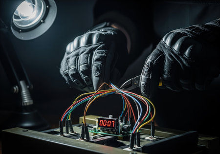 Gloved hands of a bomb disposal expert carefully cutting colored wires connected to an improvised explosive device with a digital timer counting down in a dark, dramatic setting. urgency and danger concept.の素材
