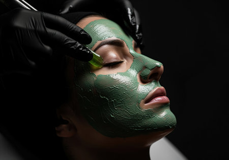 Professional aesthetician wearing black gloves applying a thick green facial mask to a woman face during a spa treatment session. dramatic close up profile on dark background.の素材