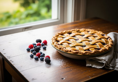 Homemade rustic berry pie with a golden lattice crust, served on a wooden table next to scattered fresh blueberries, raspberries, and blackberries.の素材