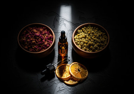 Essential oil dropper bottle centered between bowls of dried rose petals and chamomile flowers, with dried orange slices below, highlighted by dramatic low key lighting.の素材