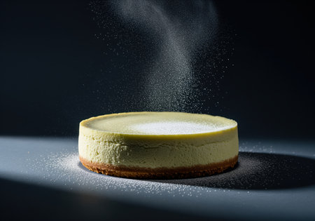 Round dessert cheesecake with a biscuit crust, dramatically lit in a studio setting. fine powdered sugar is actively falling onto the cake surface.の素材