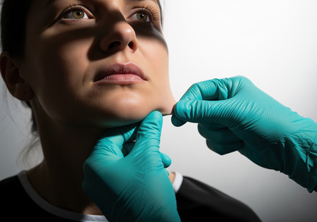 Woman chin skin being examined by a doctor wearing surgical gloves. assessing skin elasticity and fat for potential cosmetic surgery, facelift, or double chin removal.の素材
