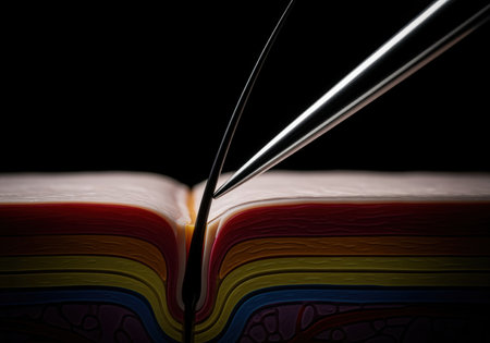 Needle tip making contact with a single hair shaft emerging from a detailed, layered cross section of human skin. illustrates dermatology, hair removal, or medical injection concepts.の素材