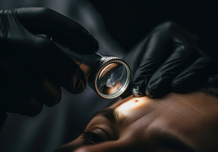 Doctor in black gloves uses a dermatoscope to inspect a suspicious nevus or mole on a patient skin, emphasizing dermatology, diagnosis, and cancer screening.の素材
