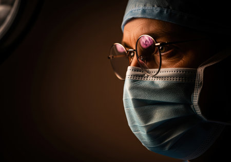 Close up profile of a focused surgeon wearing a surgical mask and round glasses, illuminated by dramatic low key directional light in an operating room. represents intense concentration, healthcare, and medical professionalism.の素材