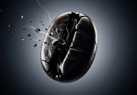 Dark roasted coffee bean captured in a dynamic, high speed moment, shattering into pieces while releasing aromatic steam against a dark background. intense flavor and energy concept.の素材