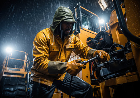 African american worker wearing a yellow raincoat and hood repairing heavy construction equipment engine at night during a severe rainstorm, illuminated by bright work lights.の素材