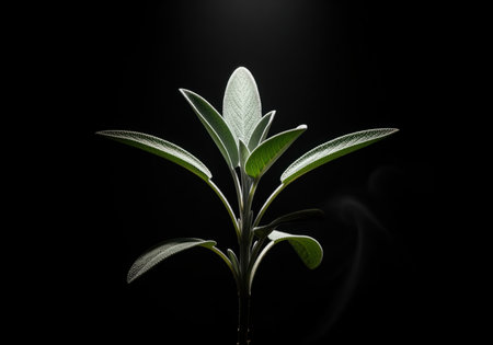 Fresh sage sprig photographed in dramatic backlighting, highlighting the velvety texture of the green leaves against a stark black background. used for cooking, seasoning, and herbal medicine.の素材