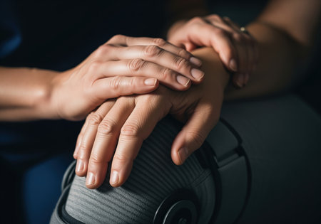 Caregiver hands gently placed over a patient hand, symbolizing emotional support, empathy, and comfort during a difficult time. close up shot emphasizing human connection and medical care.の素材