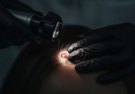 Dermatologist in black gloves examining a suspicious nevus or mole on a patient scalp using a dermatoscope under intense light. concept of skin cancer screening and diagnosis.の素材