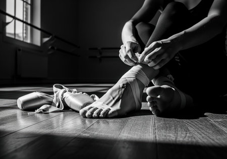 Ballet dancer sitting on a wooden floor, wrapping her worn and taped feet with medical tape in a dance studio. pointe shoes rest beside her. dramatic black and white lighting emphasizes the dedication and physical strain of dance.の素材