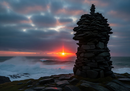 Large cairn of stacked dark stones stands on a rugged cliff edge. dramatic stormy sunset illuminates the crashing waves and dark ocean waters.の素材