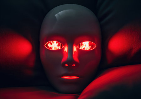 White, featureless mask illuminated by intense red light. the eye sockets contain visible flames, symbolizing danger, artificial intelligence, and digital threat.の素材