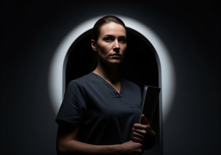 Female medical professional wearing dark scrubs stands seriously in a dramatic, low key setting, illuminated by a strong spotlight in a dark archway. she holds a folder, conveying authority, crisis, and dedication.の素材
