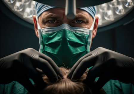 Focused male surgeon wearing a green mask and black gloves performing a delicate procedure under the bright surgical lamp in a dark operating room. intense concentration and professionalism.の素材