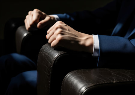 Businessman hands tightly gripping the dark leather armrest of a chair, emphasizing tension, power, and authority. the man wears a formal blue suit, highlighted by intense, dramatic lighting and high contrast shadows.の素材