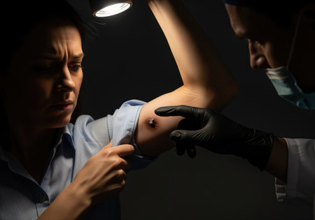 Medical doctor in gloves examining a painful, suspicious skin lesion on a worried woman arm under focused light. consultation for potential skin cancer or infection diagnosis in a dark setting.の素材