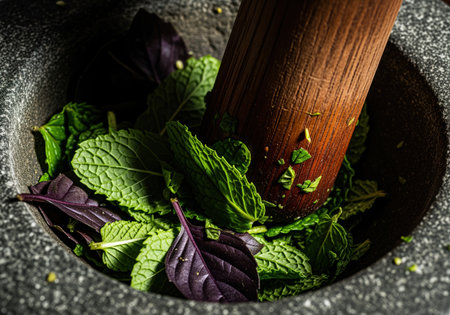 Dark wooden pestle grinding fresh green mint and purple basil leaves inside a rough gray granite mortar, highlighting preparation and aroma.の素材