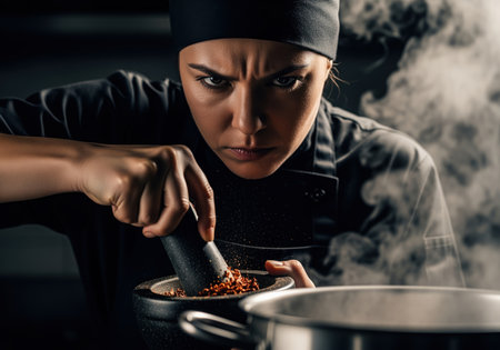 Focused female chef in black uniform intensely grinding chili spices using a mortar and pestle. dramatic, high contrast lighting highlights determination and culinary passion in a dark kitchen.の素材