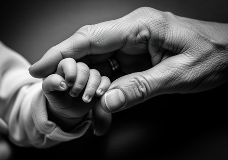 Close up, black and white photograph showing the small hand of a newborn baby grasping the finger of an older adult. represents family, love, protection, and the cycle of life across generations.の素材