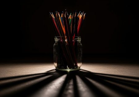 Colored pencils standing in a clear glass jar, dramatically lit against a dark background. long, radial shadows stretch across the surface, emphasizing creativity and art supplies.の素材