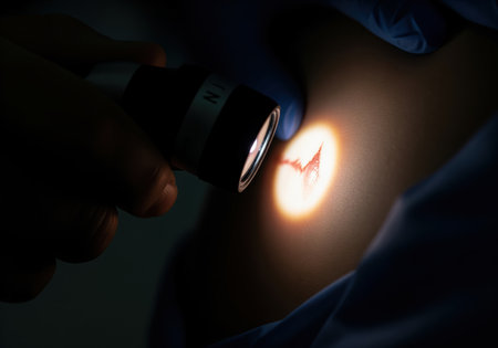 Doctor in blue gloves examining a jagged, suspicious skin lesion or mole using a dermatoscope, highlighted by intense focused light in a dark environment. medical diagnosis and dermatology concept.の素材